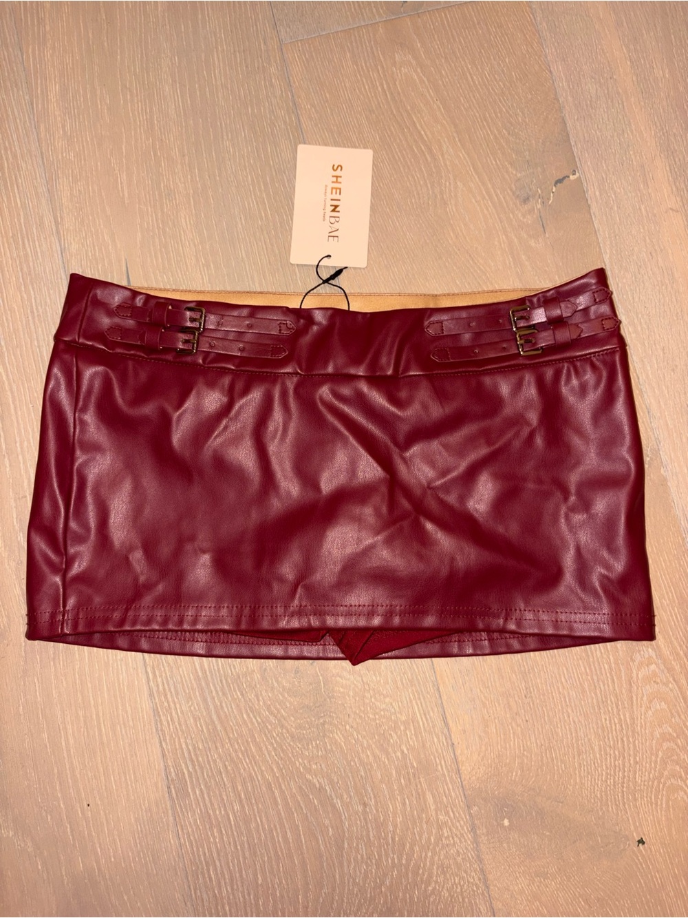 SHEIN Burgundy Faux Leather Mini Skirt with Double Buckles
